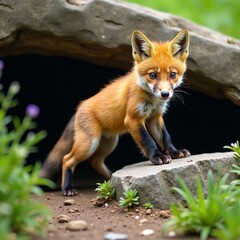 A curious young fox explores its natural environment, showcasing vibrant fur and energy.