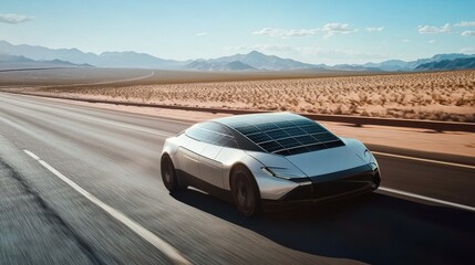 Obraz premium Futuristic Solar-Powered Vehicle Driving Through Desert Landscape