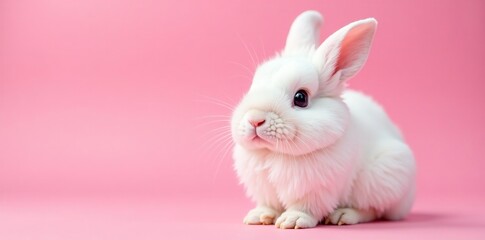 A cute white rabbit sits gracefully against a soft pink backdrop, exuding charm and innocence.