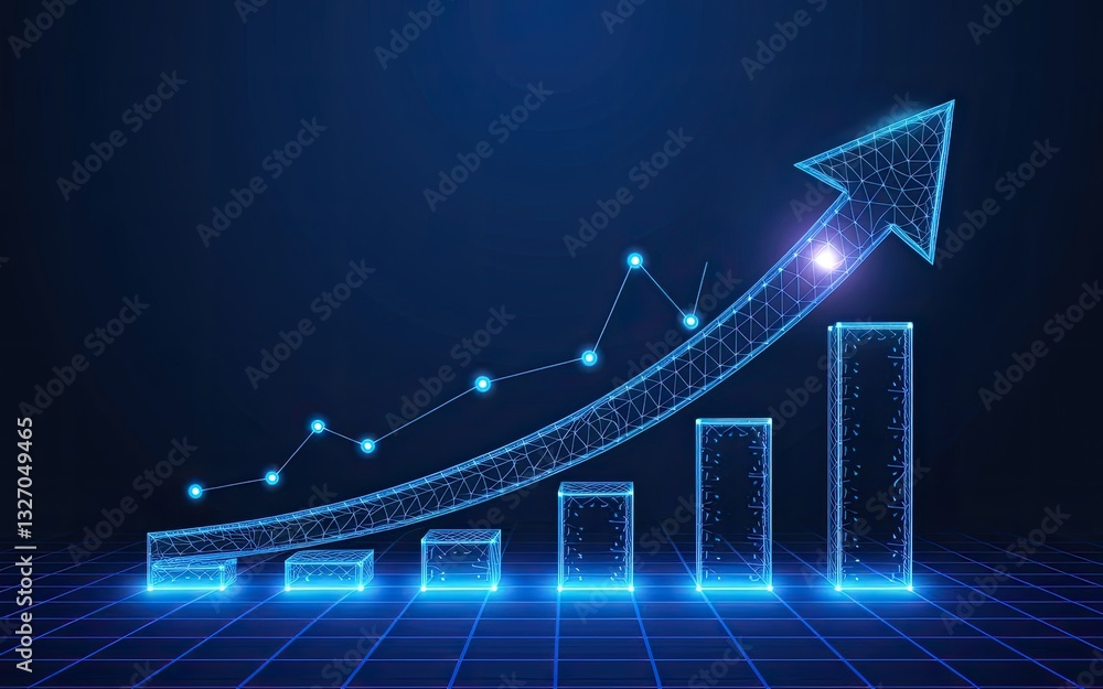 Poster blue speed growth up arrows set. isolated digital abstract arrow with glowing neon lines, connected 