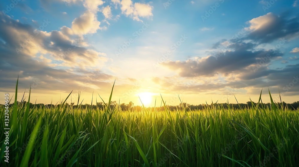 Poster vibrant green rice field under a golden sunset creating a serene landscape view : generative ai