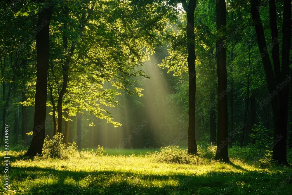 Poster a serene scene of sunlight shining through the leaves and branches of a dense forest