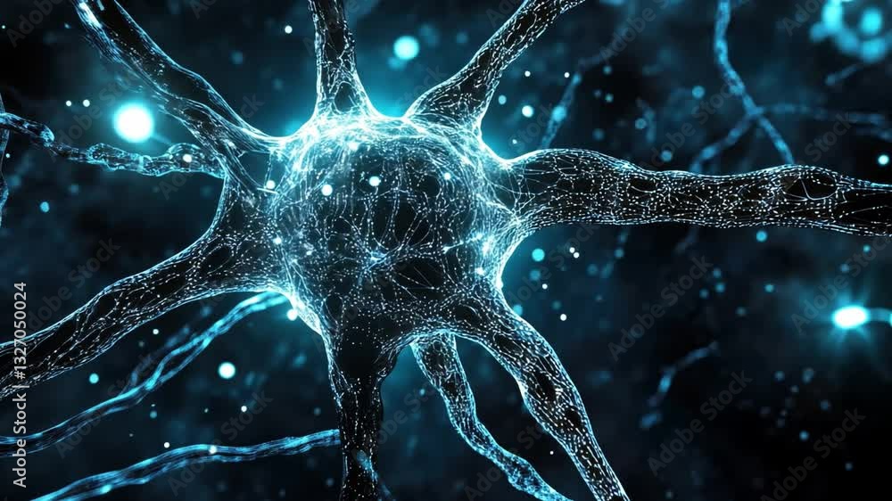Poster exploring glowing neuron intricate connections and neural activity in brains abstract beauty of scie