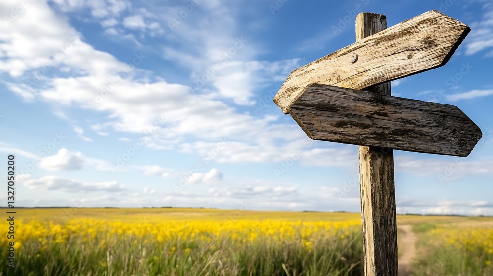 Poster wooden signpost with arrows pointing in different directions on a scenic landscape background with b