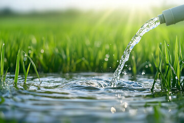 Water flowing into pond surrounded by green grass, showcasing nature beauty and sustainability