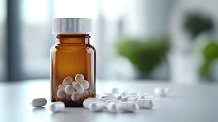 A brown bottle filled with white pills on a wooden table, ideal for medical or pharmaceutical concepts