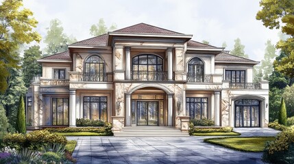 Fototapeta premium Large and opulent two story house with beautiful landscape and trees