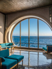 Fototapeta premium Cruise ship lounge concept with ocean view through an arch window.
