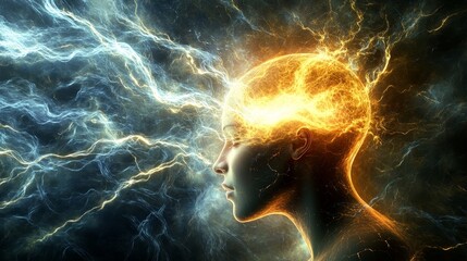Glowing Energy Brain Conceptual Art in Dark Atmosphere