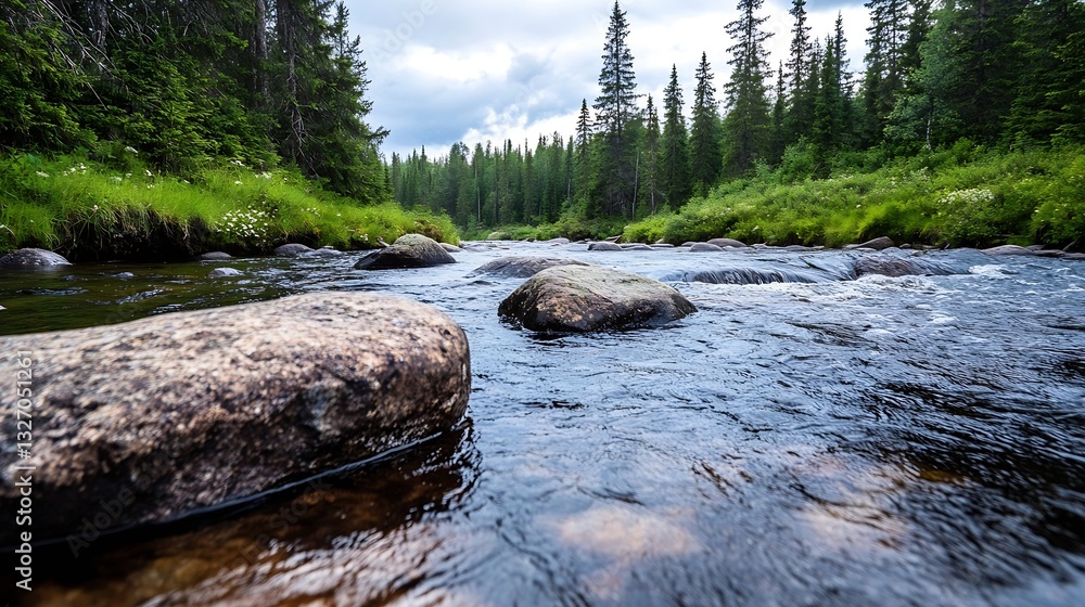 Poster serene landscape of a river with rocks and lush trees under a cloudy sky in a tranquil forest : gene