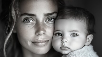 Monochromatic portrait mother cradling baby, close-up