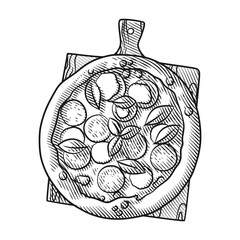 Engraving Style Line Art Pizza with Toppings Illustration