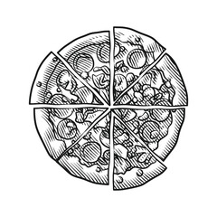 Engraving Style Line Art Sliced Pizza with Toppings Illustration
