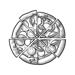 Engraving Style Line Art Sliced Pizza with Toppings Illustration