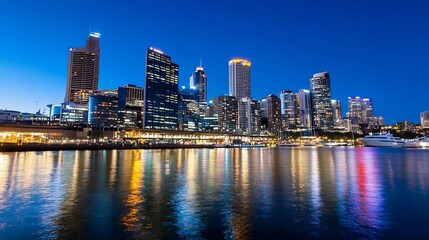 Fototapeta premium Vibrant cityscape of Sydney at dusk with reflections on the water showcasing the skyline's beauty : Generative AI