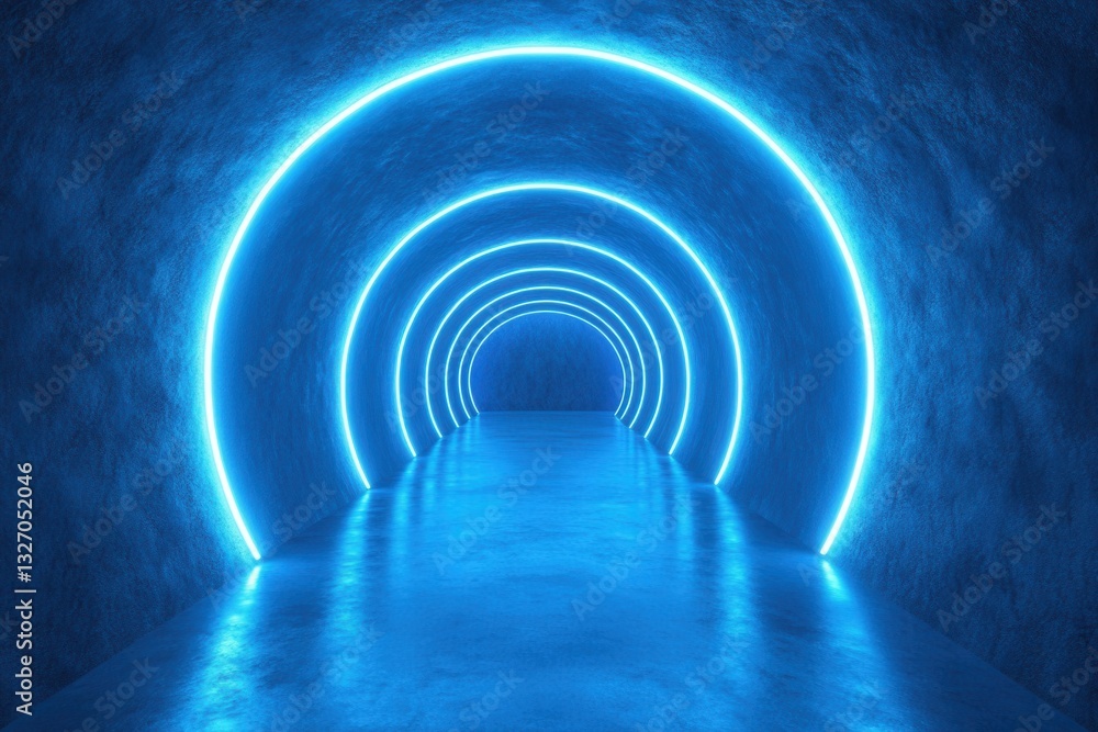 Poster neon illuminated tunnel perspective view with blue concrete walls and floor creating a futuristic an
