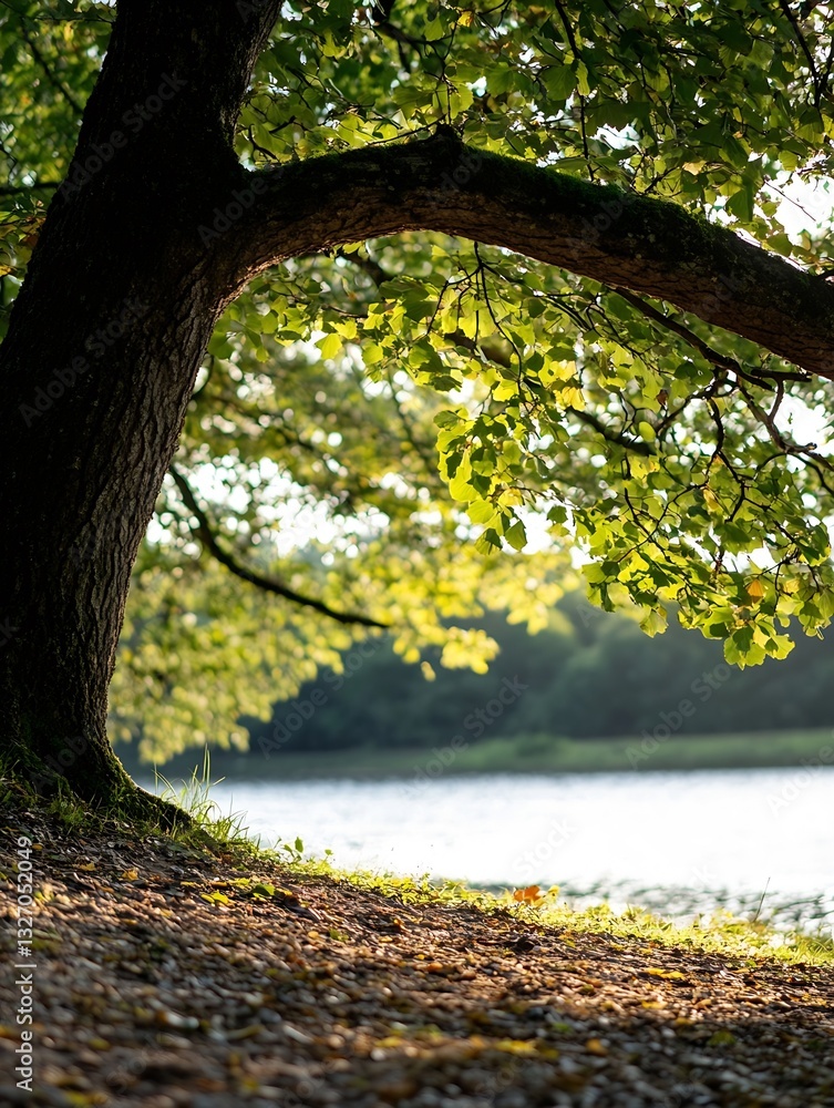 Aufkleber Scenic View Beneath a Tree with Sunlight Filtering Through Leaves Overlooking a Tranquil Lake : Generative AI