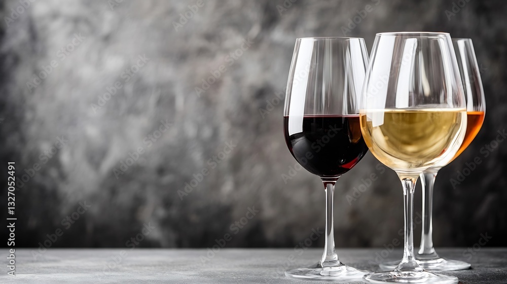 Poster an elegant display of wine glasses filled with red and white wines on a stylish surface : generative