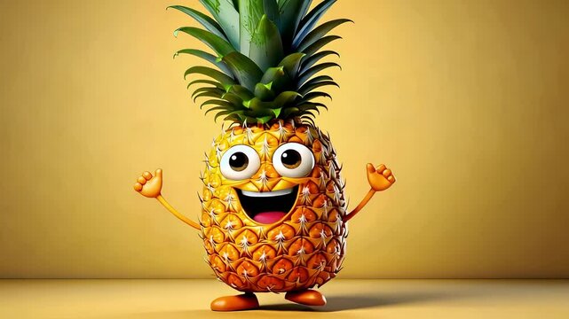Cartoon style pineapple dancing on yellow background. Organic food. Healthy food.