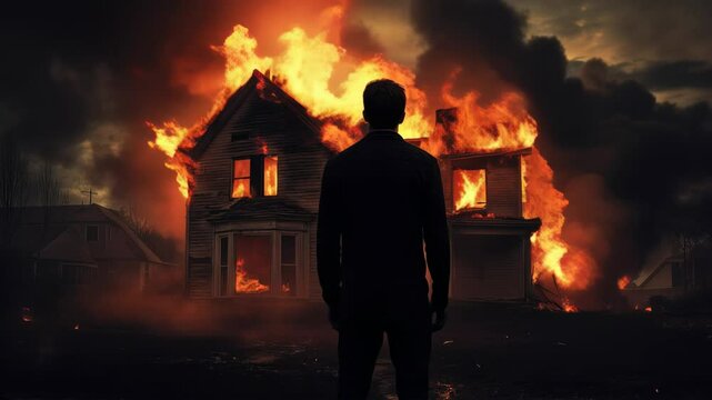 A man reflects on the ruin of a burning house, symbolizing the loss of architectural heritage