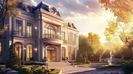 Naklejka premium An elegant mansion featuring intricate architectural details bathed in sunlight