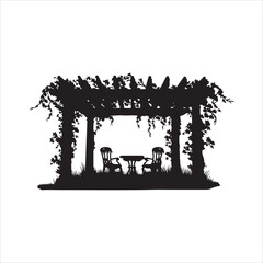 Silhouette of a pergola with table and chairs

