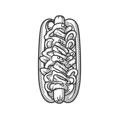 Engraving Style Line Art Hotdog with Sausage and Toppings
