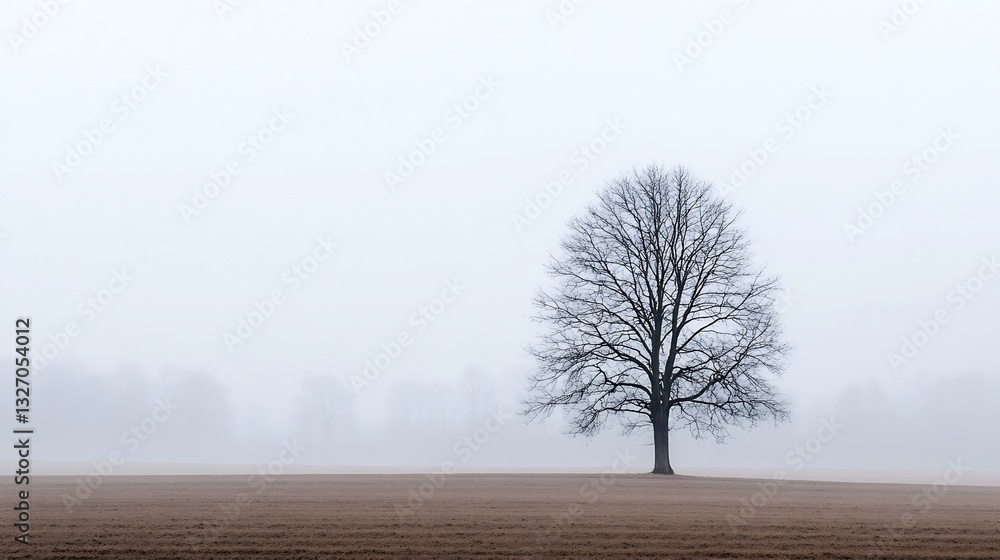 Poster solitary tree in a vast open field during a foggy morning creates a serene and calm atmosphere in na