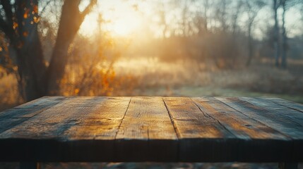 Rustic wooden table outdoors at golden sunset