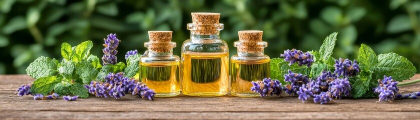 Lavender essential oils in glass bottles nature photography fresh greenery close-up aromatherapy benefits