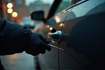 Under the dim glow of streetlights, a gloved hand works intently on unlocking a parked vehicle, hinting at illicit intent during a rainy evening in the city