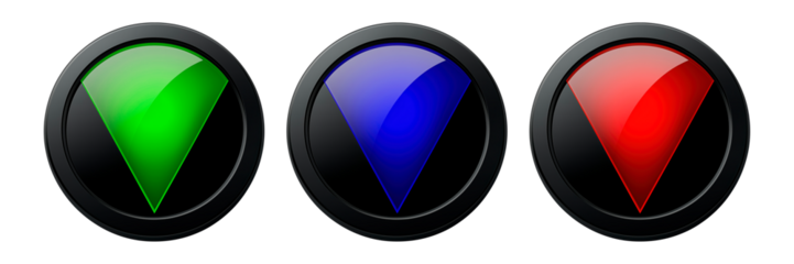 Shiny circular buttons featuring green, blue, and red power symbols in glossy design