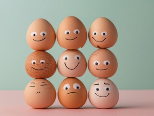 Stack of eggshells, each with a different silly face, fun and engaging composition