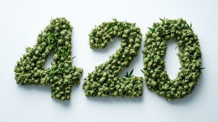 Number 420 made of cannabis flowers on light background. Symbol of cannabis smoking culture