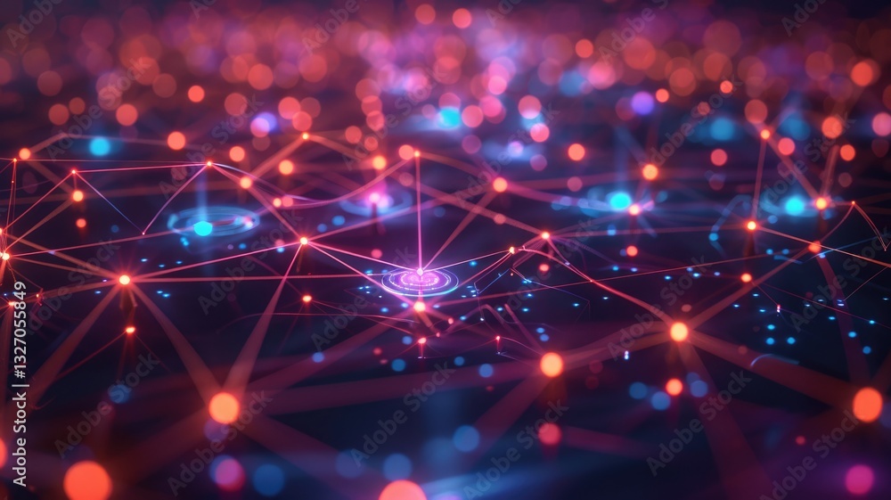Poster explore a vibrant abstract 3d model showcasing digital coins interconnected in a dynamic network, bl