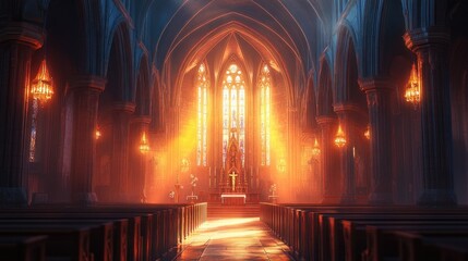 Sunbeams illuminate Gothic cathedral interior