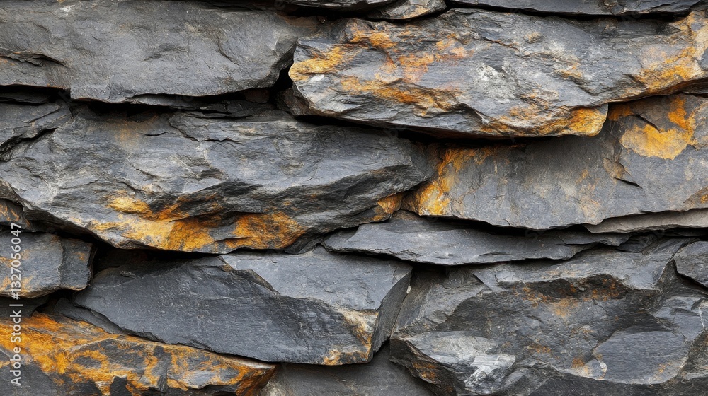 Poster close up of a rugged stone wall with shades of gray and orange creating a textured background for de