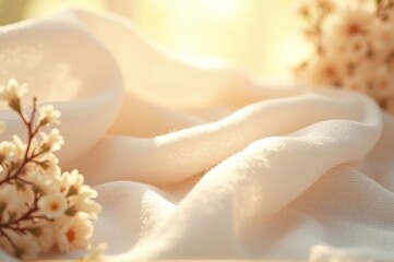 Fototapeta premium Gentle folds of white fabric blend harmoniously with small white flowers, illuminated by soft sunlight that creates a tranquil and peaceful ambiance in the afternoon