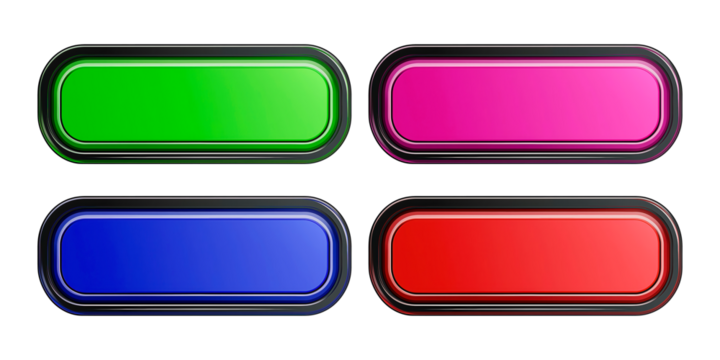 Three-dimensional push-button interface design with vibrant colors and shiny finish
