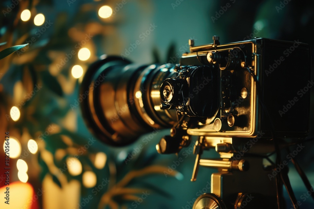 Poster Close-up view of a camera mounted on a tripod, ready for use