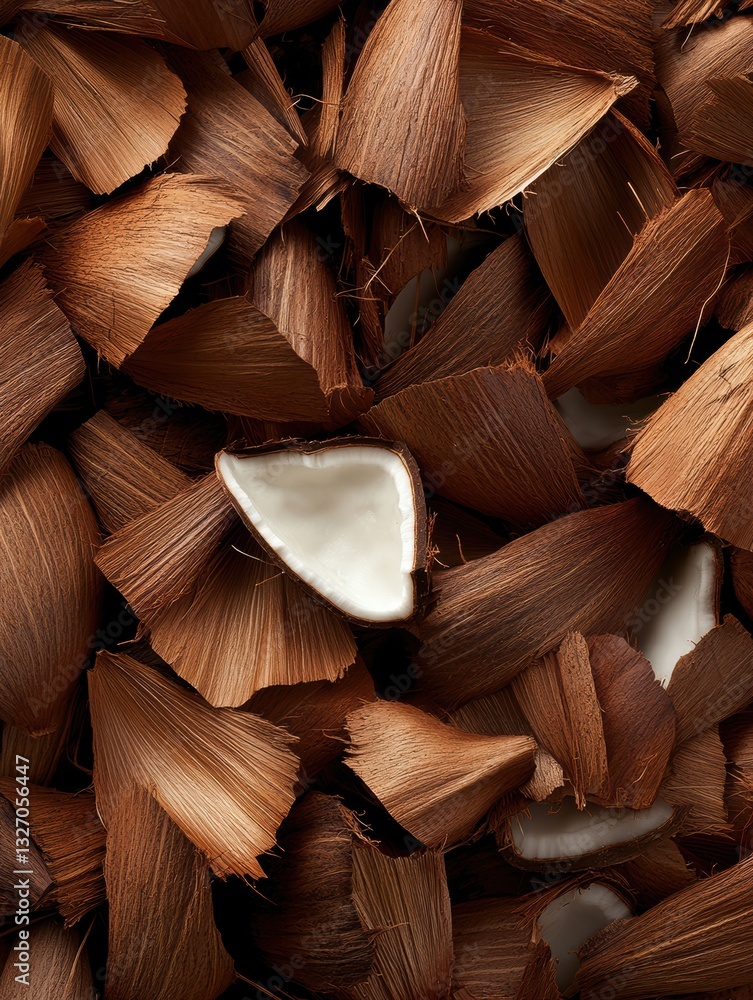 Poster an extreme close-up captures the unique texture of coconut shells, showcasing rich brown hues and in