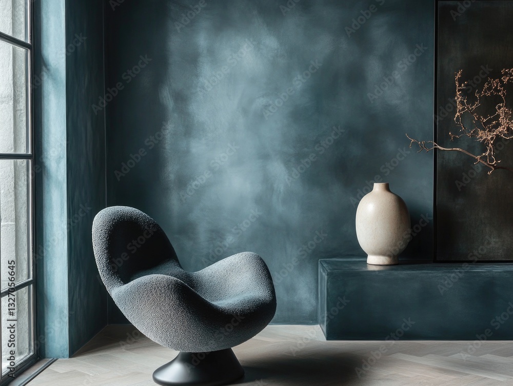 Poster a simple interior scene with a chair and a vase on a table
