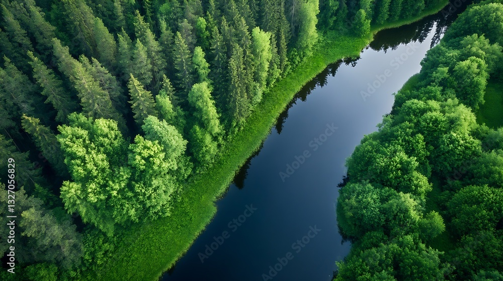 Poster aerial view of lush green forest surrounding a serene river in nature : generative ai