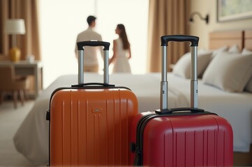 Brightly colored luggage waits beside a cozy hotel bed as a couple enjoys each other's company, preparing for an exciting getaway in a sunlit space