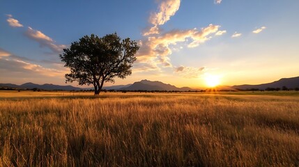Fototapeta premium Breathtaking sunset view over golden fields with a lone tree silhouetted against the horizon : Generative AI