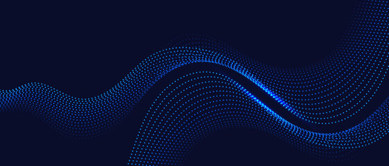 A dynamic and abstract digital design with flowing blue waveforms against a dark background,smooth, curving lines and dotted patterns that create a sense of movement and energy. 