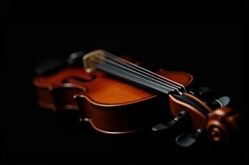 Fototapeta premium A beautifully crafted violin lies in a dramatic play of light and shadows, showcasing its rich wood tones and meticulous details. This moment captures the essence of musical craftsmanship