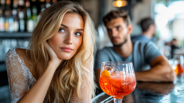 Beautiful woman in a bar. A guy is looking at her. He fell in love - Powered by Adobe