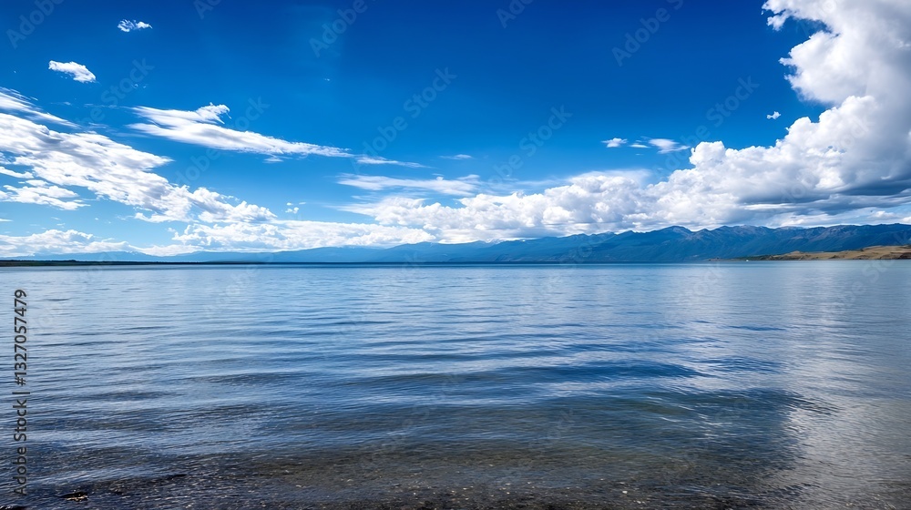 Poster scenic view of a tranquil lake under a bright blue sky with fluffy clouds reflecting on the water su