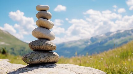 Carefully balanced rocks creating a zen garden aesthetic surrounded by nature : Generative AI